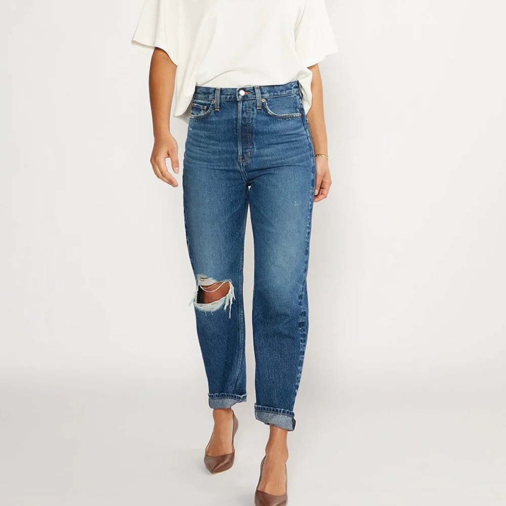 Etica Dark Wash Bryce Pinch Waist Boyfriend Jeans Distressed Knee SZ 25 NWT